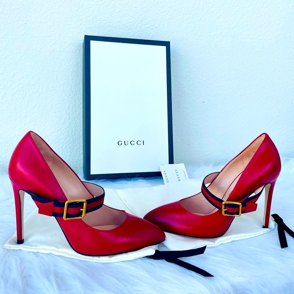 New! GUCCI “Mary Jane” inspired
RED Leather Sylvie Web Strap Heels Size 38.5 - Picture 7 of 14